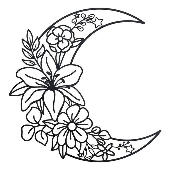 Other - Black Metal Crescent Moon Stars Floral Lily Wall Decoration